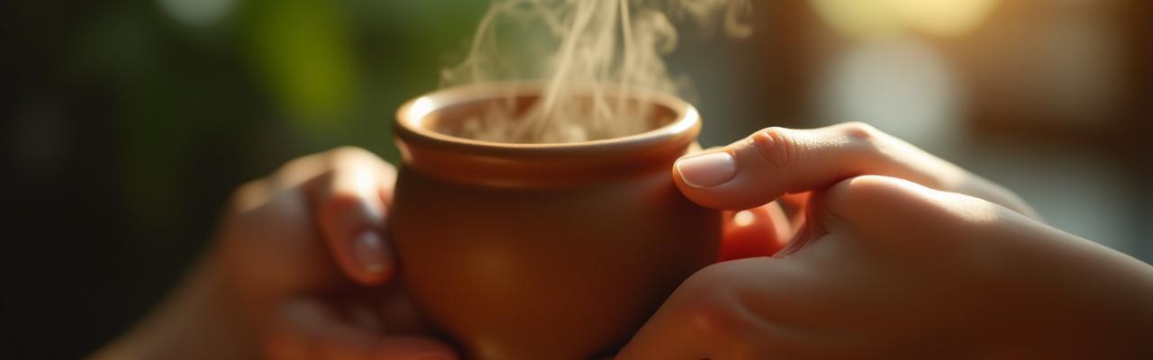 Manos sosteniendo una taza de té humeante con delicadeza, transmitiendo calidez y calma