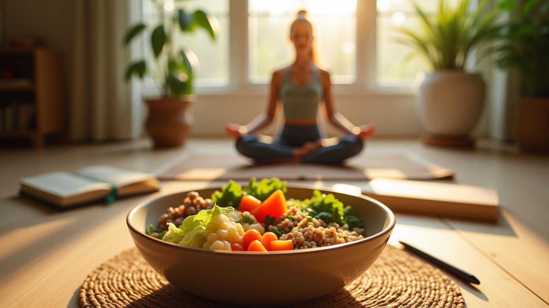 Composición de elementos de bienestar: un bowl saludable, una persona meditando, un diario abierto y un mat de yoga en una superficie rústica de madera.