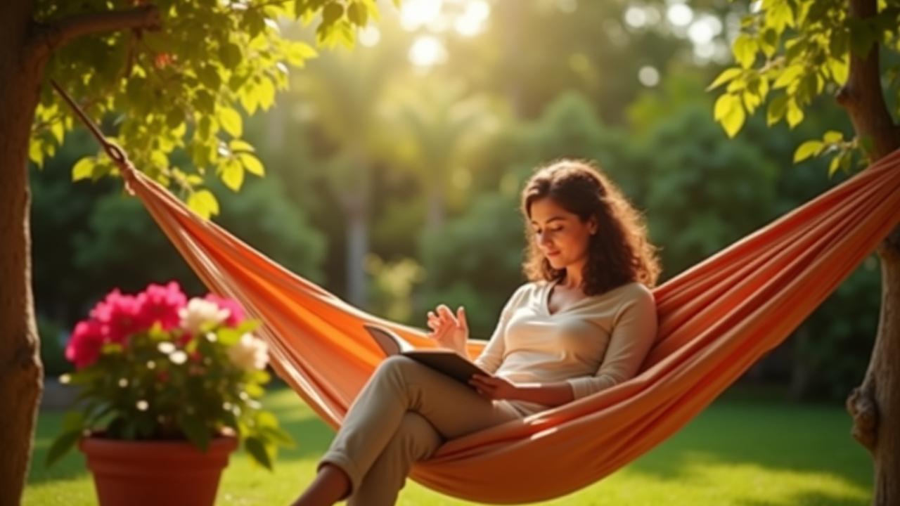 Mujer en hamaca leyendo un libro en un jardín exuberante, símbolo de desconexión digital