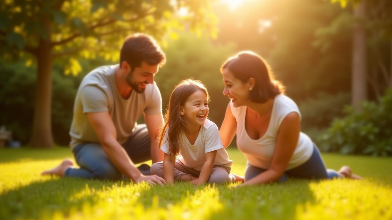Familia riendo mientras intenta una postura de yoga sencilla en un jardín de Coyoacán
