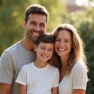 Retrato sonriente de la Familia García, dos adultos y dos niños.