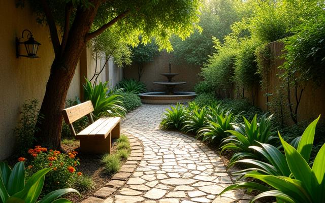 Un sereno jardín con senderos empedrados y bancos de madera, ideal para la meditación, con plantas autóctonas y una pequeña fuente de agua.