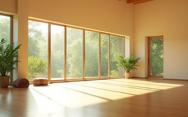La espaciosa shala de yoga de Zen Congelado, bañada de luz natural que entra por amplios ventanales, rodeada de vegetación y con elementos de madera cálida.